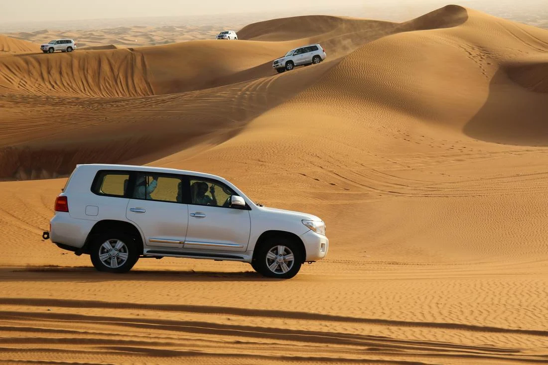 Corporate group on a dune at sunset in Liwa